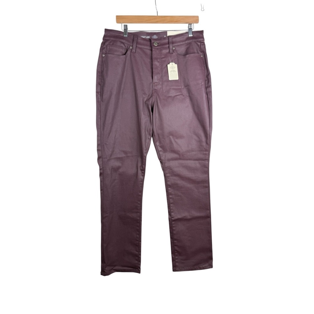 New St. John's Bay Coated Straight Leg Mid Rise Jeans size 14 Dark Burgundy